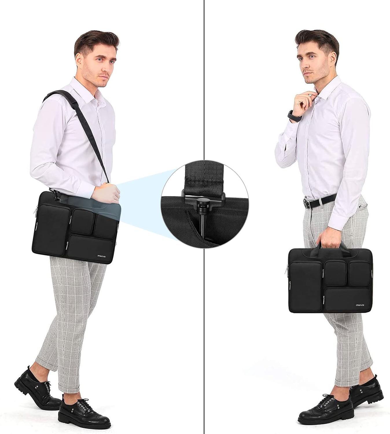 MOSISO Laptop Shoulder Messenger Bag Compatible with MacBook Air/Pro, 13-13.3 inch Notebook, Compatible with MacBook Pro 14 inch, Polyester Briefcase Sleeve with 4 Front Zipper Pockets & Belt,Black iMosiso