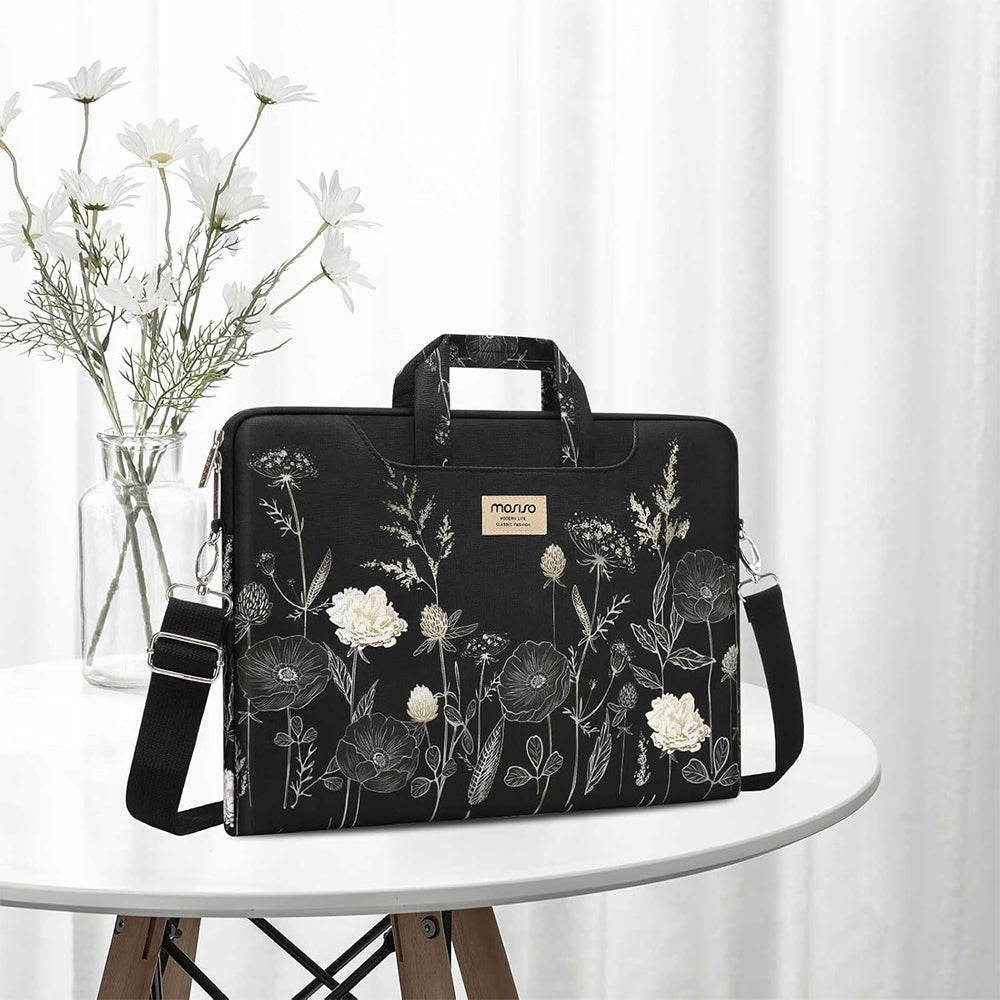 MOSISO Floral Laptop Shoulder Bag For Women, 15-16 Inch Messenger Sleeve With Detachable Strap, Compatible With MacBook Air 15 Pro 16 HP Dell Lenovo Asus Notebook