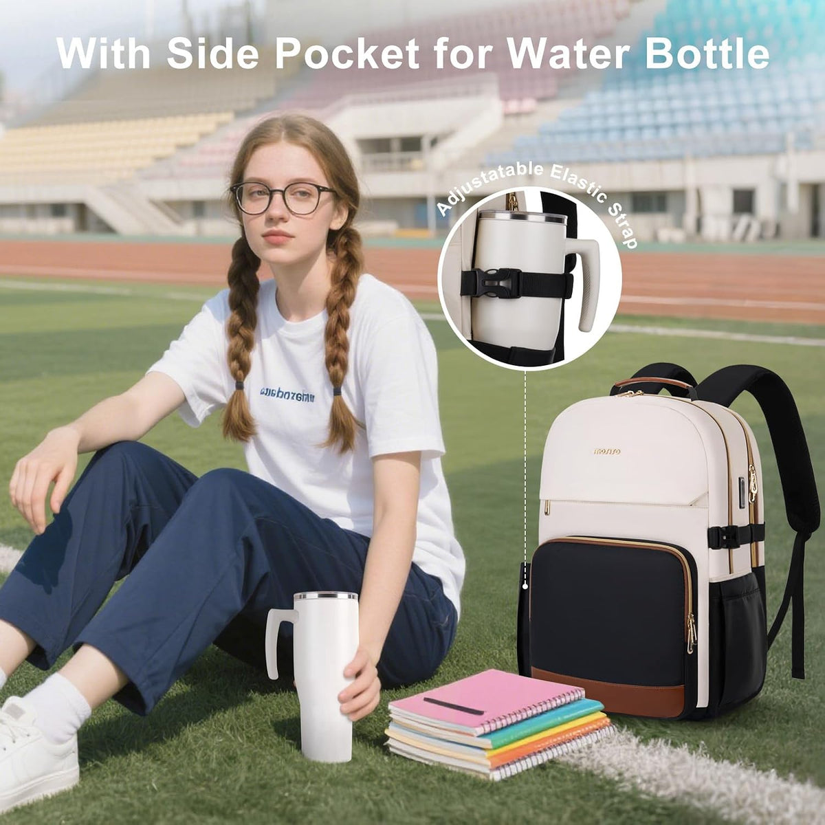 MOSISO Women Carry On Travel Backpack, 16 Inch Laptop Fit, USB Port, Cup Pouch, See Through Cosmetic Cube & Anti Theft Pocket