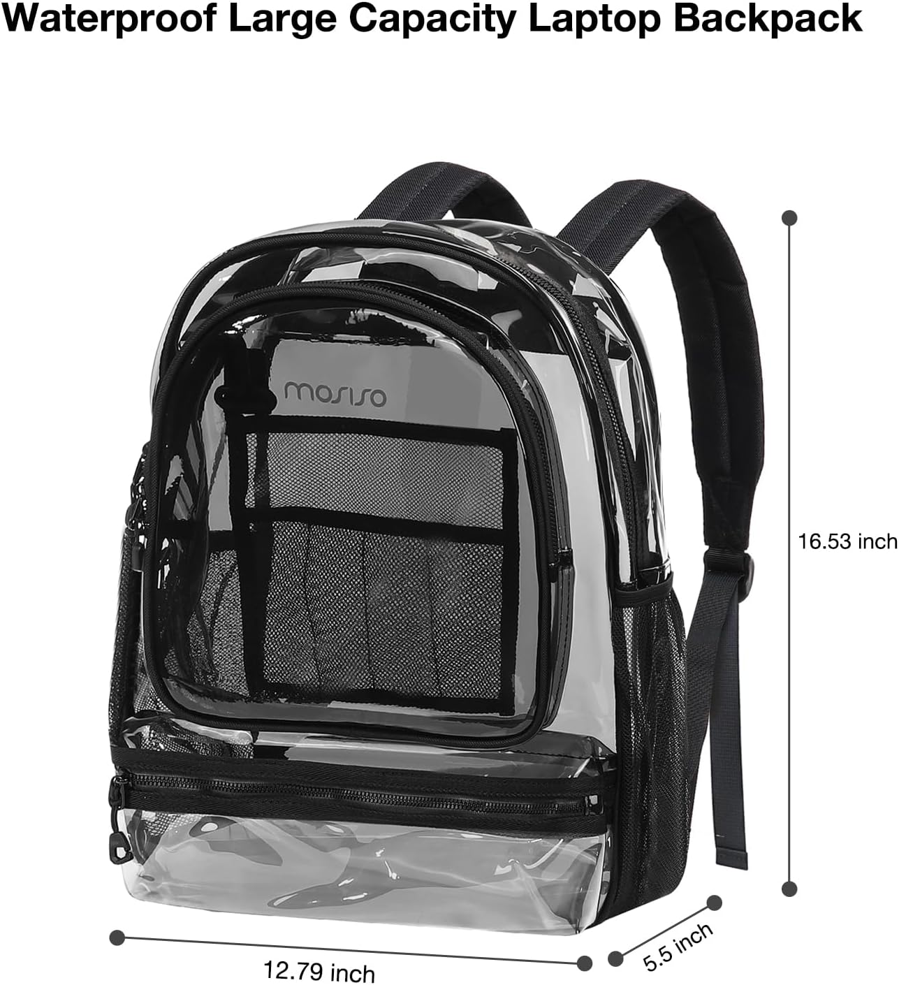 MOSISO 15.6-16 inch Travel Laptop Backpack, Waterproof Stylish Large Capacity Casual Daypack Bag for Business, Fashion TPU Transparent Computer Bag with Reinforced Strap, Black iMosiso