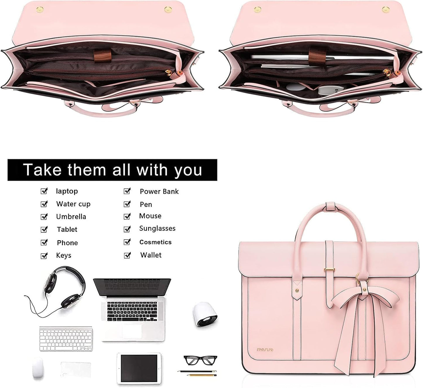 MOSISO Laptop Bag for Women, 13-17 inch PU Leather Laptop Shoulder Bags Convertible Backpack, 13.3 inch Messenger Bags Casual Handbag Work Briefcase Travel Computer Bag with Bowknot iMosiso
