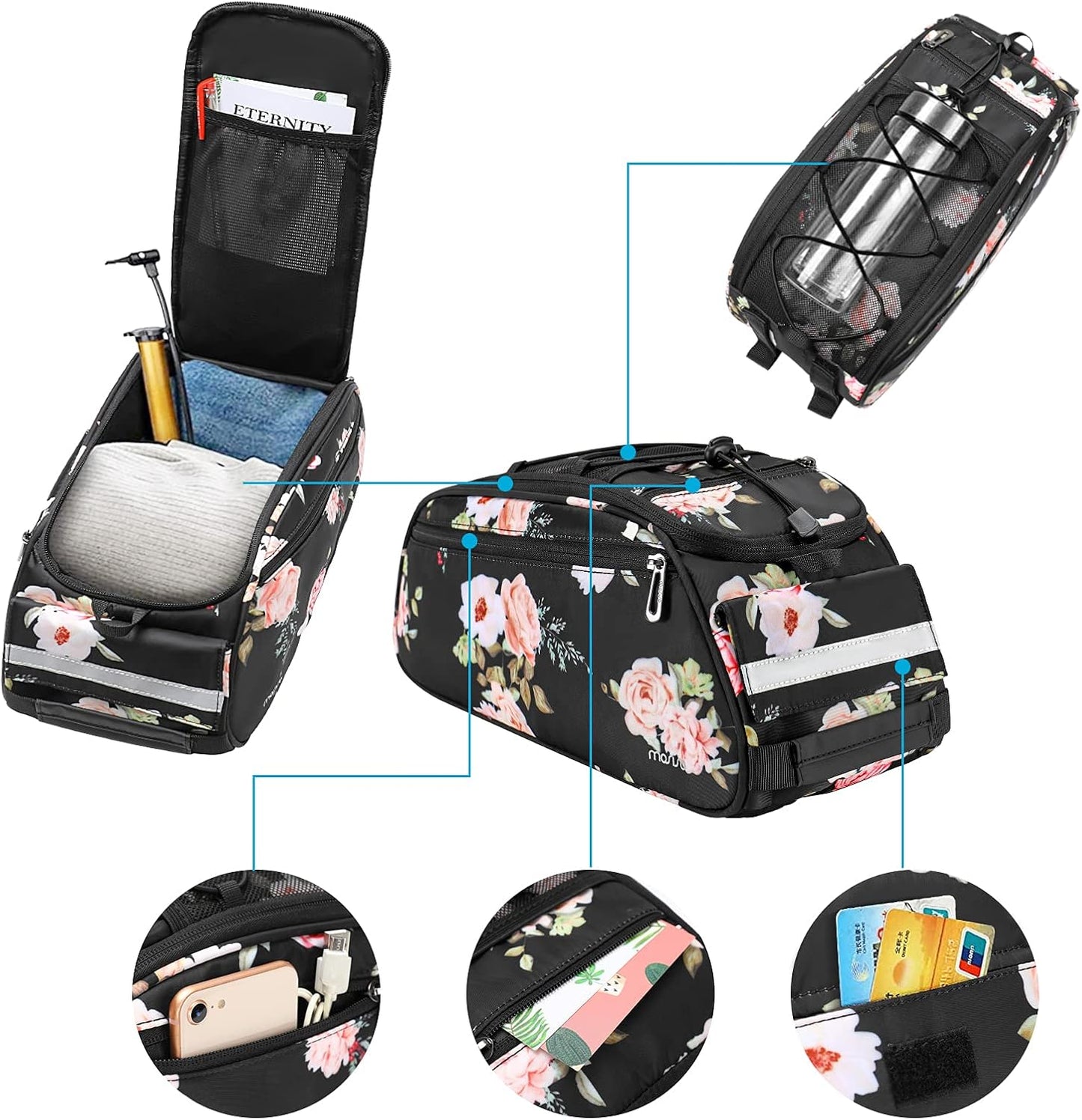 MOSISO Bike Rack Bag, Peony Waterproof Bicycle Trunk Pannier Rear Seat Pouch Cycling Bike Carrier Backseat Storage Luggage Saddle Shoulder Bag