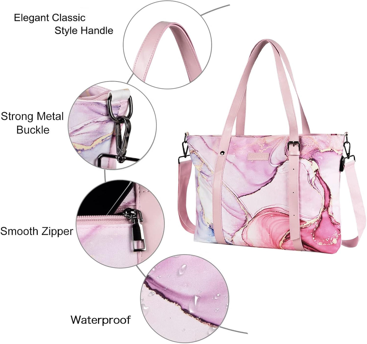 MOSISO USB Port Laptop Tote Bag (17-17.3 inch) with Adjustable Top Handle, Laptop Bag for Women, Polyester Work Travel Office Large Computer Shoulder Handbag Marble MO-MBH216