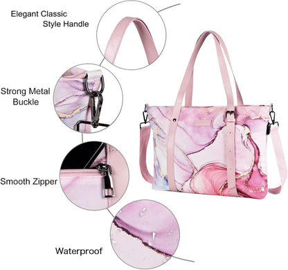 MOSISO USB Port Laptop Tote Bag (17-17.3 inch) with Adjustable Top Handle, Laptop Bag for Women, Polyester Work Travel Office Large Computer Shoulder Handbag Marble MO-MBH216