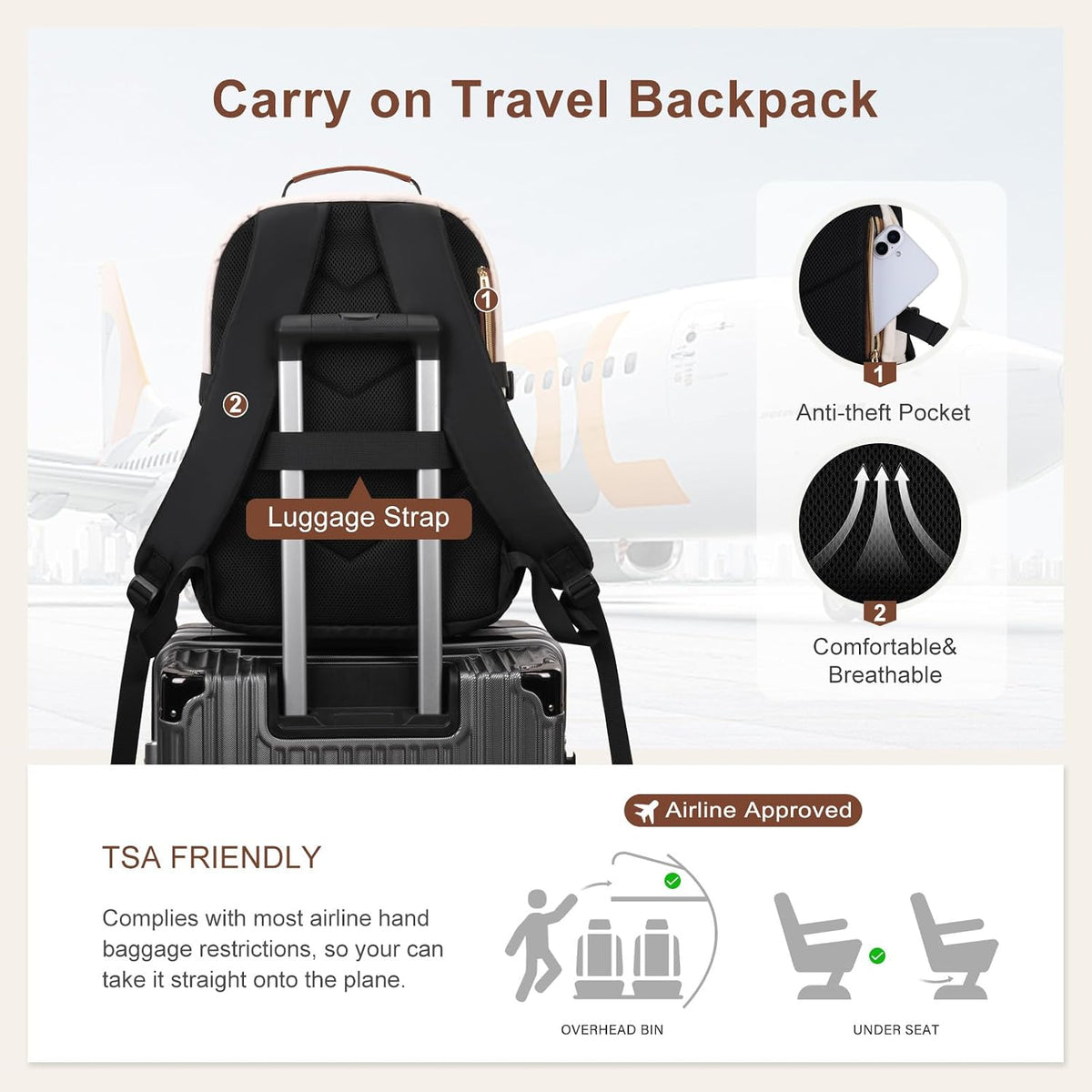 MOSISO Women Carry On Travel Backpack, 16 Inch Laptop Fit, USB Port, Cup Pouch, See Through Cosmetic Cube & Anti Theft Pocket
