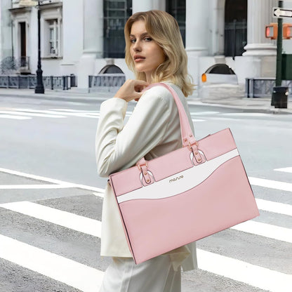 MOSISO Laptop Tote Bag for Women, 15.6 inch Work Teacher Laptop Bag, PU Leather Curved Line Computer Briefcase, Large Capacity Handbag for Business Office, Pink