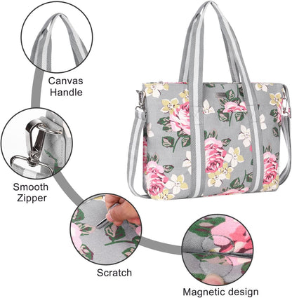 MOSISO Laptop Tote Bag for Women (17-17.3 inch), Canvas Rose Multifunctional Work Travel Shopping Duffel Carrying Shoulder Handbag Compatible with MacBook, Notebook and Chromebook, Grey