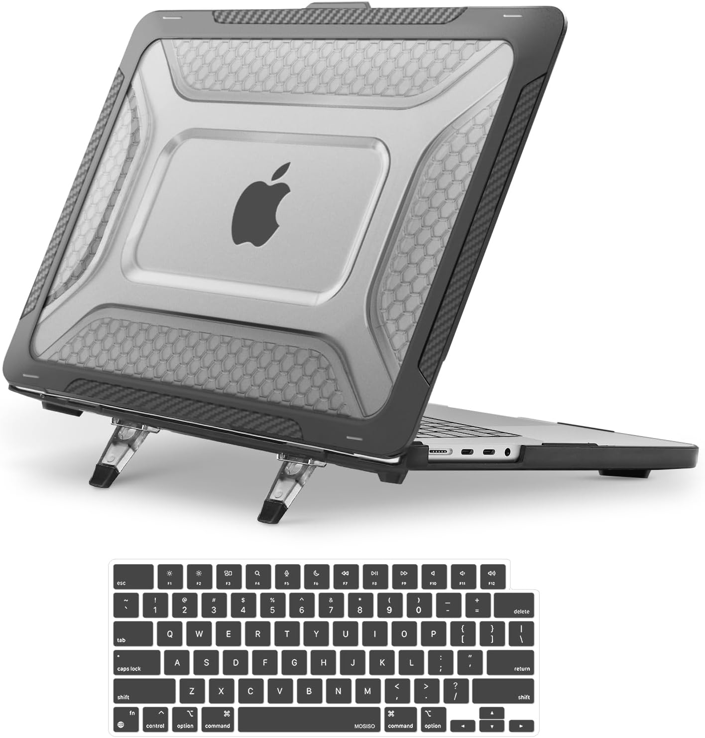 MOSISO Compatible with MacBook Pro 16 inch Case 2025-2021 M4 M3 M2 M1 A3403 A3186 A2991 A2780 A2485, Honeycomb Shockproof TPU Bumper Hard Shell Case with Fold Kickstand&Keyboard Skin, Black