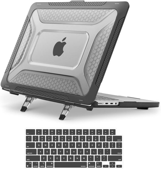 MOSISO Compatible with MacBook Pro 16 inch Case 2025-2021 M4 M3 M2 M1 A3403 A3186 A2991 A2780 A2485, Honeycomb Shockproof TPU Bumper Hard Shell Case with Fold Kickstand&Keyboard Skin, Black