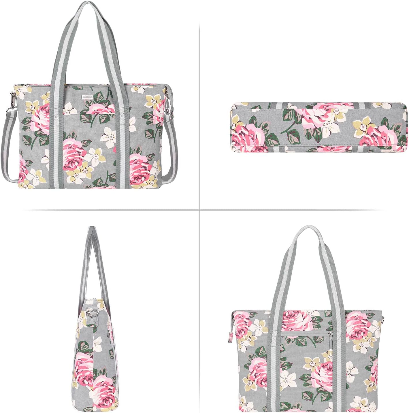 MOSISO Laptop Tote Bag for Women (17-17.3 inch), Canvas Rose Multifunctional Work Travel Shopping Duffel Carrying Shoulder Handbag Compatible with MacBook, Notebook and Chromebook, Grey