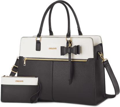 MOSISO Laptop Tote Bag for Women, 15.6/17.3 inch Waterproof PU Leather Work Bag with Clutch Purse & Bowknot, Large Capacity Handbag Shoulder Computer Bags Work Briefcase for Business Teacher Office