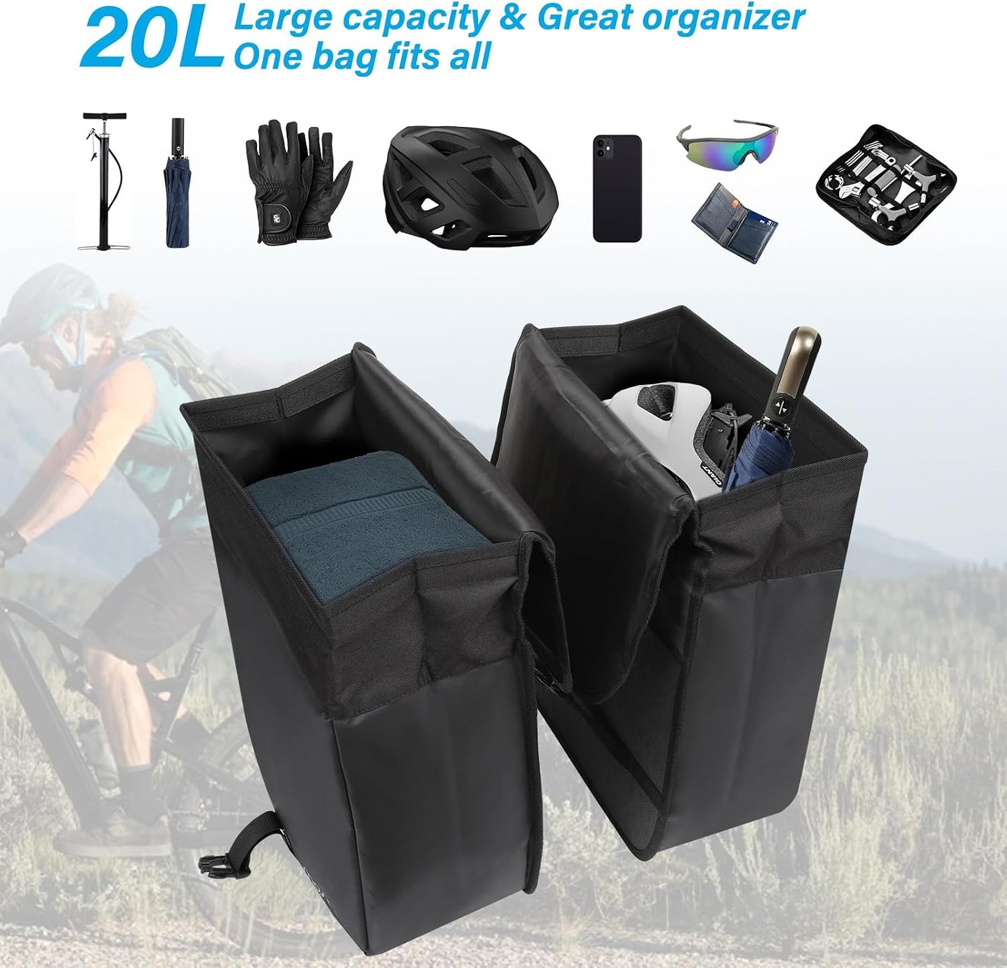 MOSISO 20L Bike Panniers, 2 Pack Waterproof Panniers Bike Bag, Large Capacity Flap Bicycle Rear Rack Seat Luggage Storage Trunk Bag for Road Mountain Cycling Traveling Commuting, Black