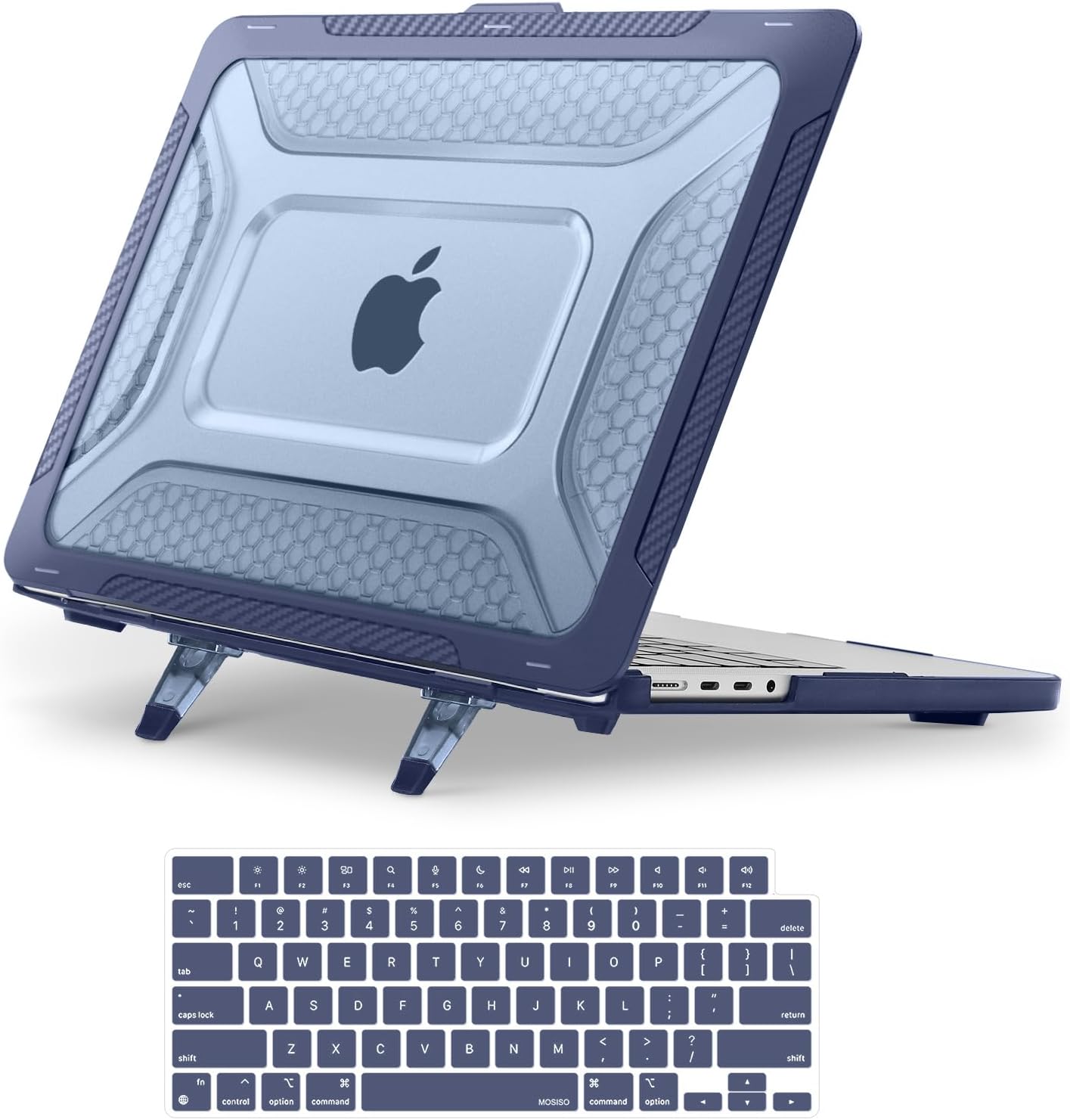 MOSISO Compatible with MacBook Pro 14 inch Case 2025-2021 M5 M4 M3 M2 M1 A3434 A3112 A3185 A3401 A2918 A2992 A2779 A2442,Honeycomb TPU Bumper Hard Case with Fold Kickstand&Keyboard Skin, Navy Blue