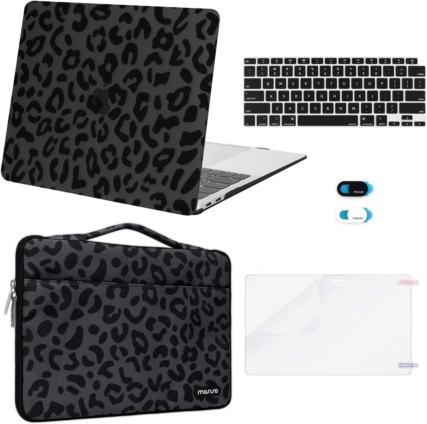 MOSISO Compatible with MacBook Air 13 inch Case 2022-2018 Release A2337 M1 A2179 A1932 Retina Display, Plastic Leopard Grain Hard Shell&Sleeve Bag&Keyboard Skin&Webcam Cover&Screen Protector, Black