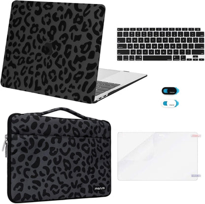 MOSISO Compatible with MacBook Air 13 inch Case 2022-2018 Release A2337 M1 A2179 A1932 Retina Display, Plastic Leopard Grain Hard Shell&Sleeve Bag&Keyboard Skin&Webcam Cover&Screen Protector, Black