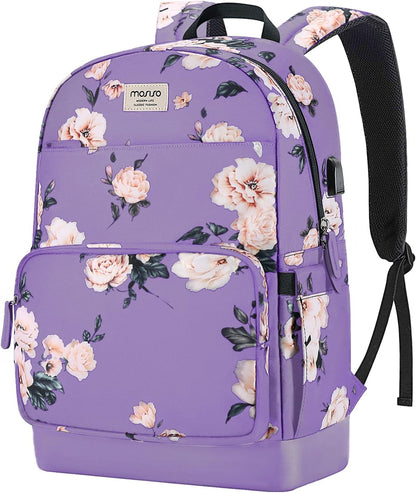 MOSISO 15.6-16 inch Laptop Backpack for Women, Polyester Anti-Theft Stylish Casual Daypack Bag with Luggage Strap & USB Charging Port, Camellia Travel Backpack