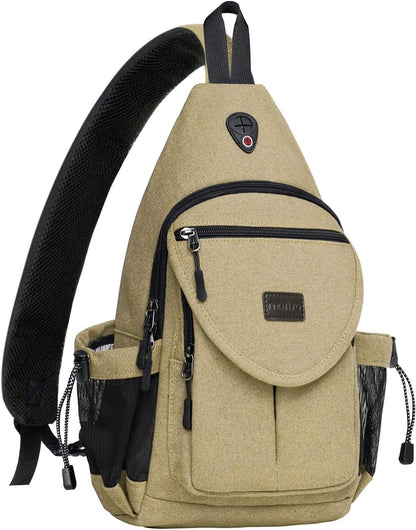 MOSISO Canvas Sling Backpack, Wear Resistant Crossbody Chest Daypack with Anti-Theft Hidden Pocket, Dual Mesh Bottle Holders & Earphone Hole, Fits 11 Inch Tablet for Hiking Travel Commute