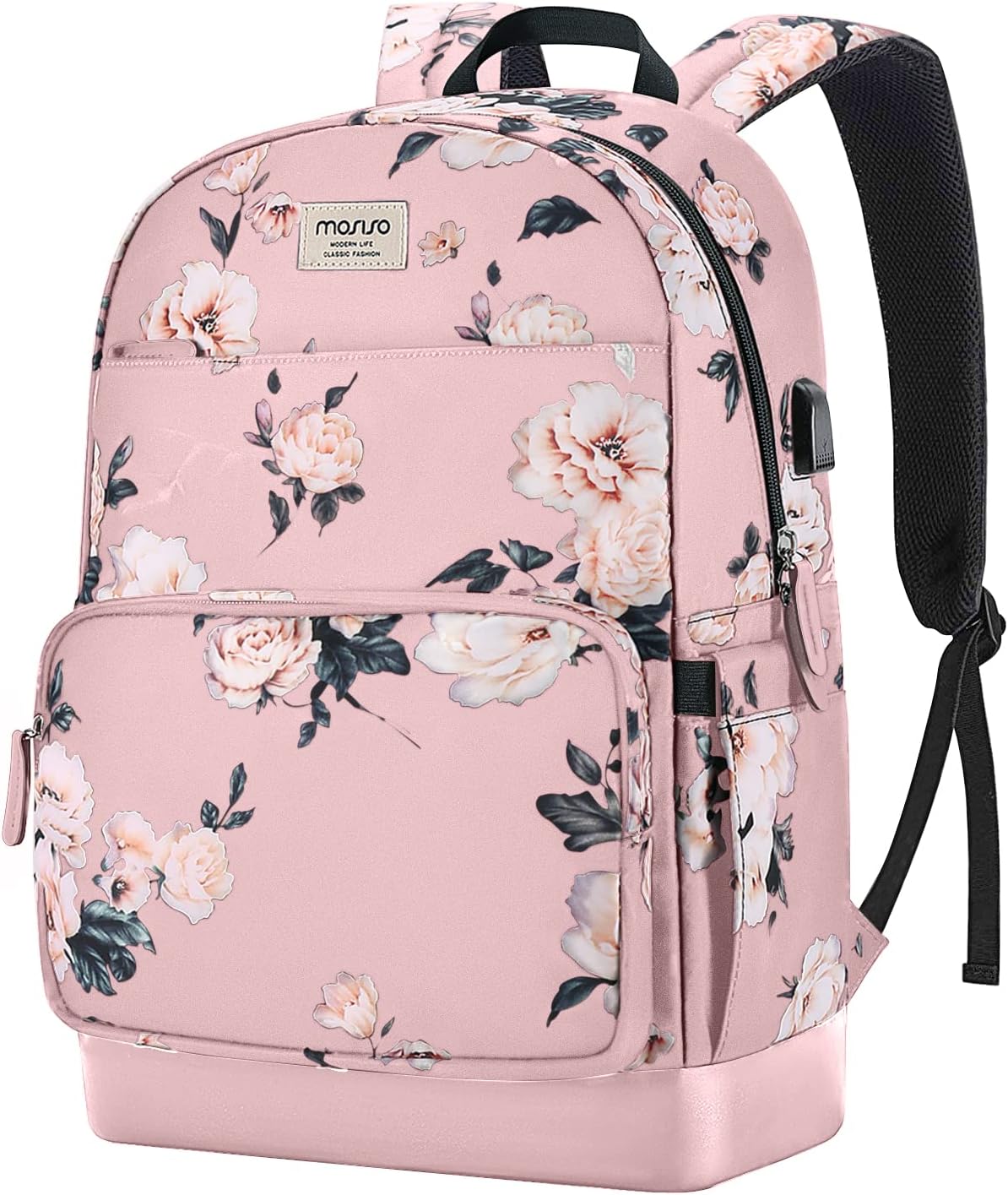 MOSISO 15.6-16 inch Laptop Backpack for Women, Polyester Anti-Theft Stylish Casual Daypack Bag with Luggage Strap & USB Charging Port, Camellia Travel Backpack, Purple