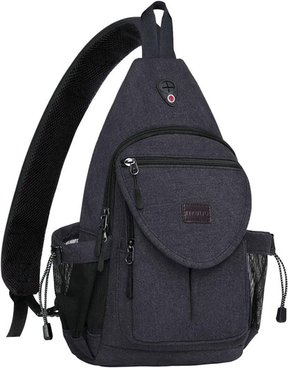 MOSISO Canvas Sling Backpack, Wear Resistant Crossbody Chest Daypack with Anti-Theft Hidden Pocket, Dual Mesh Bottle Holders & Earphone Hole, Fits 11 Inch Tablet for Hiking Travel Commute
