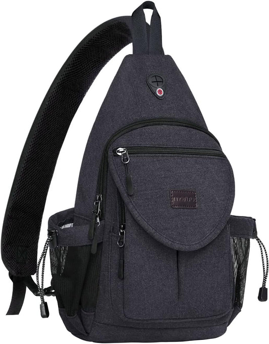 MOSISO Sling Backpack,Canvas Crossbody Hiking Daypack Bag with Anti-theft Pocket, Black