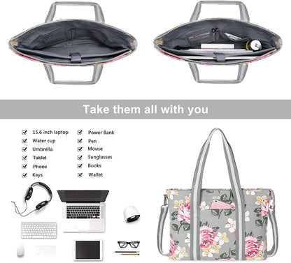 MOSISO Laptop Tote Bag for Women (17-17.3 inch), Canvas Rose Multifunctional Work Travel Shopping Duffel Carrying Shoulder Handbag Compatible with MacBook, Notebook and Chromebook, Grey