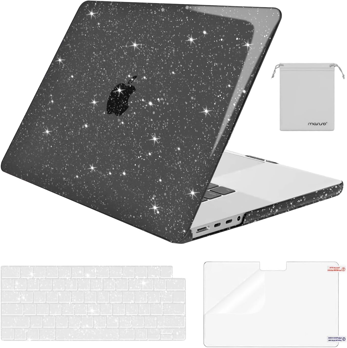 MOSISO Compatible with MacBook Pro 16 inch Case 2025 2024 2023 2022 2021 M4 M3 M2 M1 A3403 A3186 A2991 A2780 A2485 Pro Max, Sparkly Glitter Hard Shell&Keyboard Cover&Screen Film&Pouch, Black