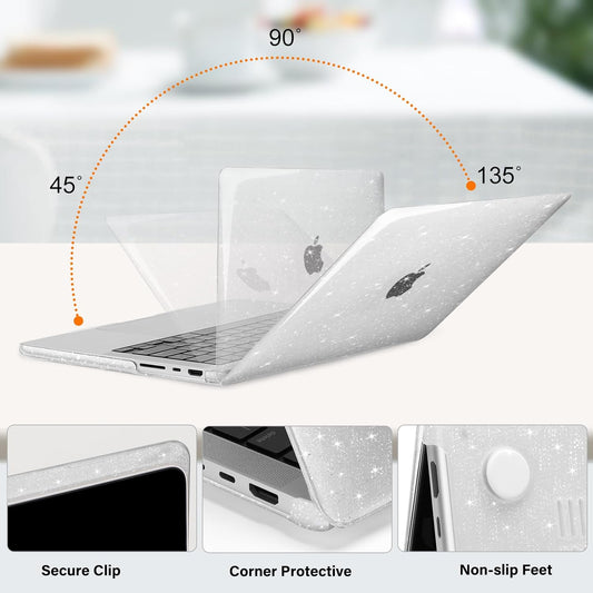 MOSISO Compatible with MacBook Pro 14 inch Case 2025-2021 M4 M3 M2 M1 A3112 A3185 A3401 A2918 A2992 A2779 A2442, Sparkly Glitter Plastic Hard Shell&Keyboard Cover&Screen Film&Storage Bag, Transparent