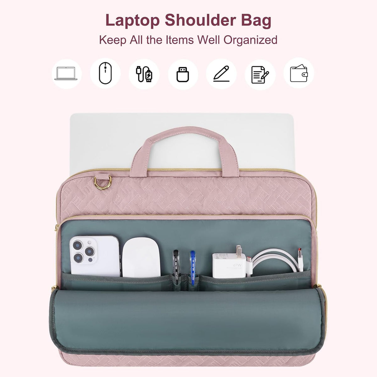 MOSISO Rhombus Quilted Women Laptop Shoulder Bag 15-16 Inch Fit Front Horizontal Pocket Detachable Strap Rear Trolley Sleeve