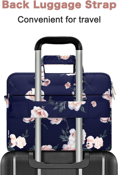 MOSISO Laptop Shoulder Bag Compatible with MacBook Air 15 inch M3 M2/Pro 16 M4 M3 M2 M1 2025-2019,15-15.6 inch Notebook, Camellia Carrying Sleeve with Belt, Blue