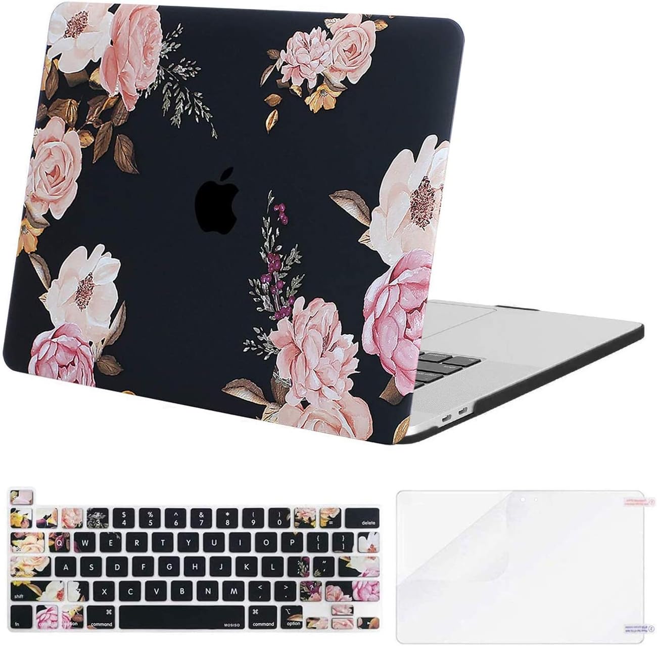 MOSISO Compatible with MacBook Pro 16 inch Case 2020 2019 Release A2141 with Touch Bar Touch ID, Plastic Peony Hard Shell Case & Keyboard Cover Skin & Screen Protector, Black