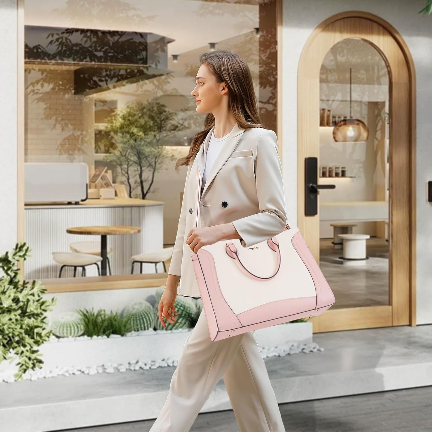 MOSISO Laptop Tote Bag for Women, 15.6 inch Waterproof PU Leather Laptop Bag, Vertical Curved Line Computer Briefcase, Large Capacity Teacher Work Handbag for Business Office, Pink