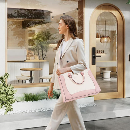 MOSISO Laptop Tote Bag for Women, 15.6 inch Waterproof PU Leather Laptop Bag, Vertical Curved Line Computer Briefcase, Large Capacity Teacher Work Handbag for Business Office, Pink