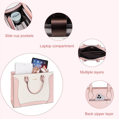 MOSISO Laptop Tote Bag for Women, 15.6 inch Waterproof PU Leather Laptop Bag, Vertical Curved Line Computer Briefcase, Large Capacity Teacher Work Handbag for Business Office, Pink