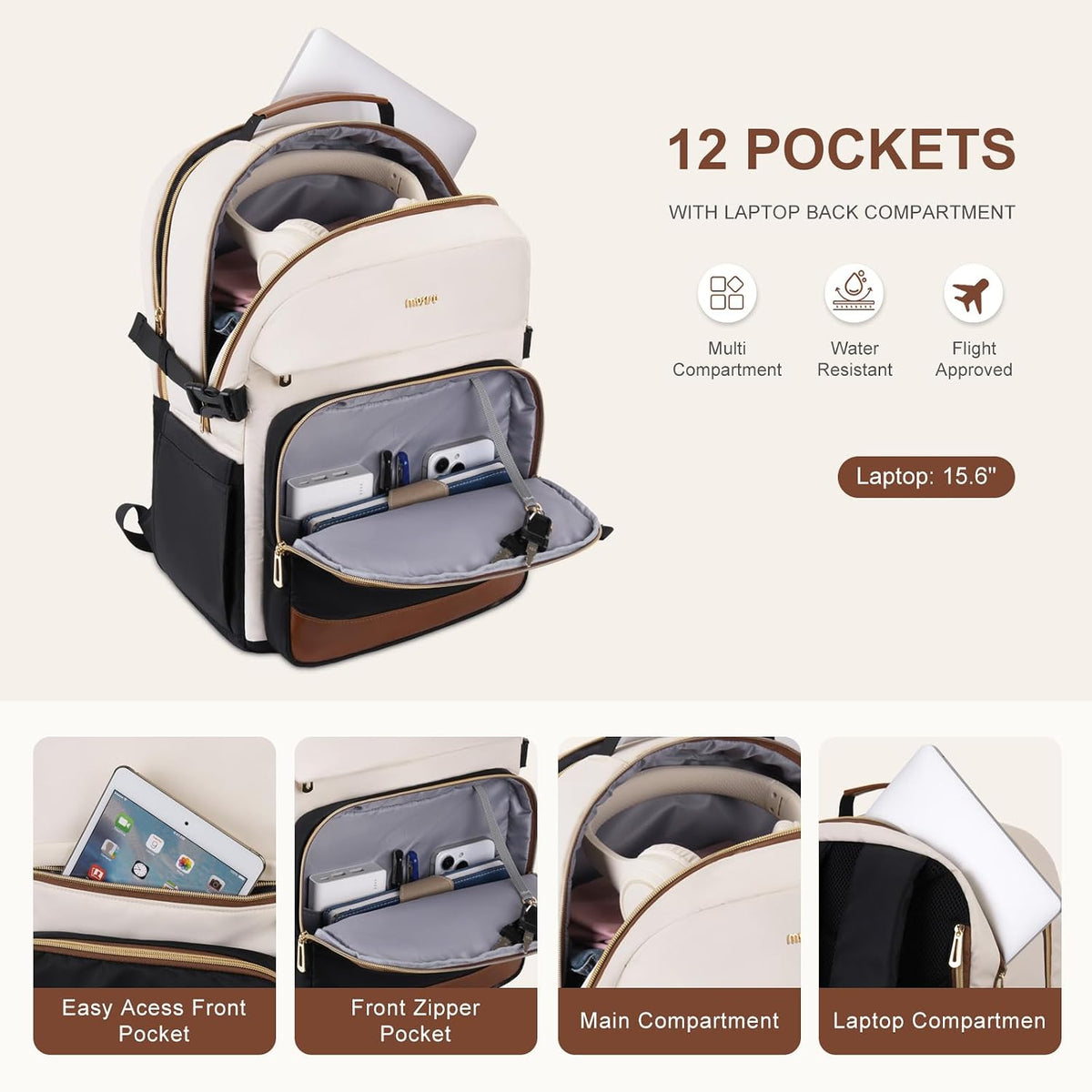 MOSISO Women Carry On Travel Backpack, 16 Inch Laptop Fit, USB Port, Cup Pouch, See Through Cosmetic Cube & Anti Theft Pocket
