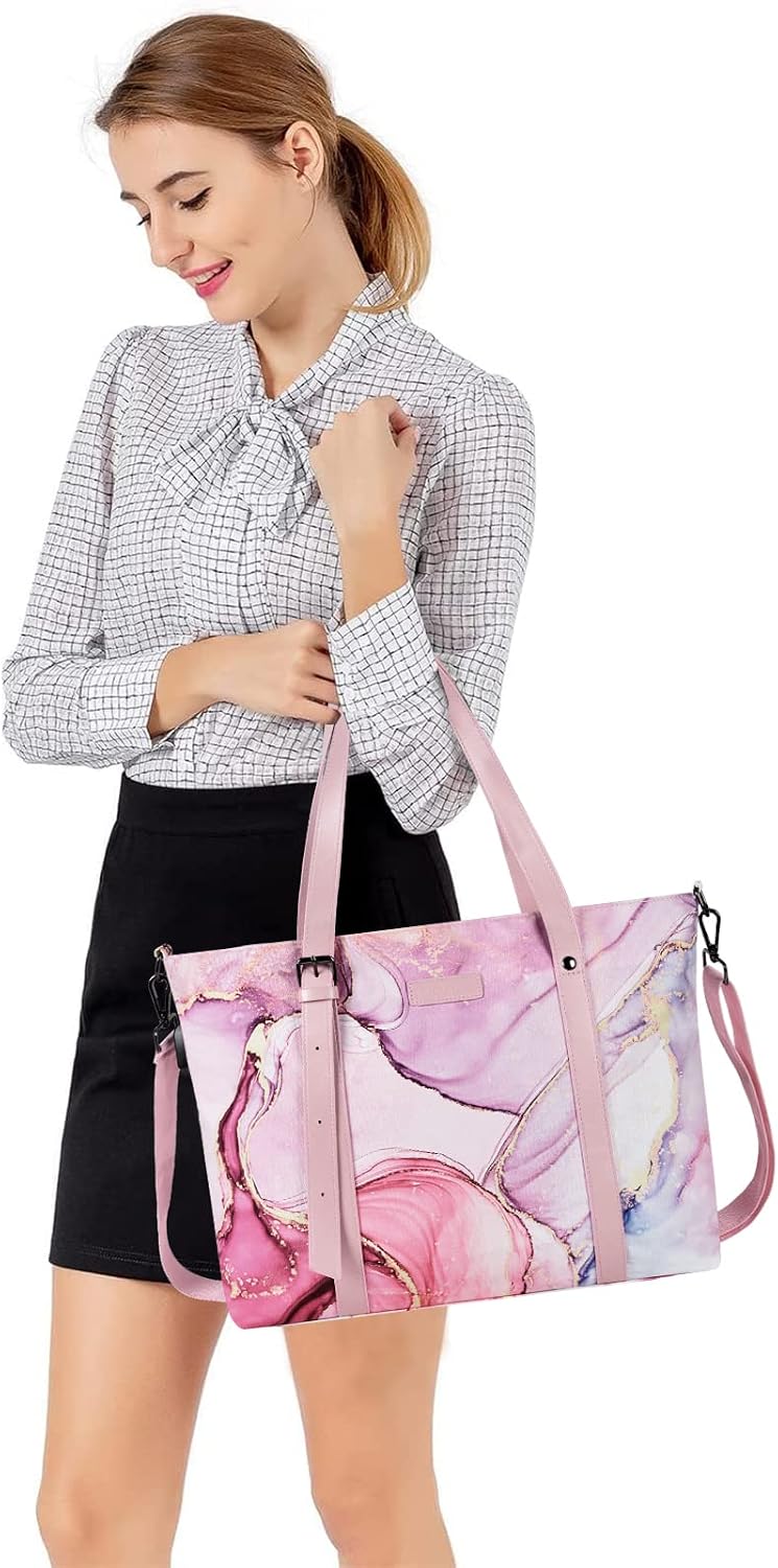 MOSISO USB Port Laptop Tote Bag (17-17.3 inch) with Adjustable Top Handle, Laptop Bag for Women, Polyester Work Travel Office Large Computer Shoulder Handbag Marble MO-MBH216