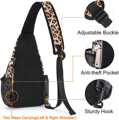 MOSISO Mini Sling Backpack,Small Hiking Daypack Pattern Travel Outdoor Sports Bag, Leopard Print