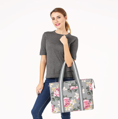 MOSISO Laptop Tote Bag for Women (17-17.3 inch), Canvas Rose Multifunctional Work Travel Shopping Duffel Carrying Shoulder Handbag Compatible with MacBook, Notebook and Chromebook, Grey