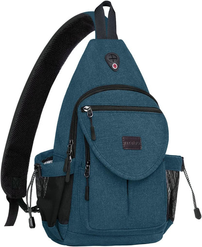 MOSISO Canvas Sling Backpack, Wear Resistant Crossbody Chest Daypack with Anti-Theft Hidden Pocket, Dual Mesh Bottle Holders & Earphone Hole, Fits 11 Inch Tablet for Hiking Travel Commute