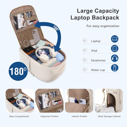 MOSISO 30L Women Travel Carry‑On Backpack,180‑Degree Opening, Shoe‑Compartment,15.6‑Inch Laptop Sleeve with Luggage‑Strap for Travel Commute