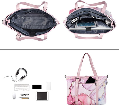 MOSISO USB Port Laptop Tote Bag (17-17.3 inch) with Adjustable Top Handle, Laptop Bag for Women, Polyester Work Travel Office Large Computer Shoulder Handbag Marble MO-MBH216