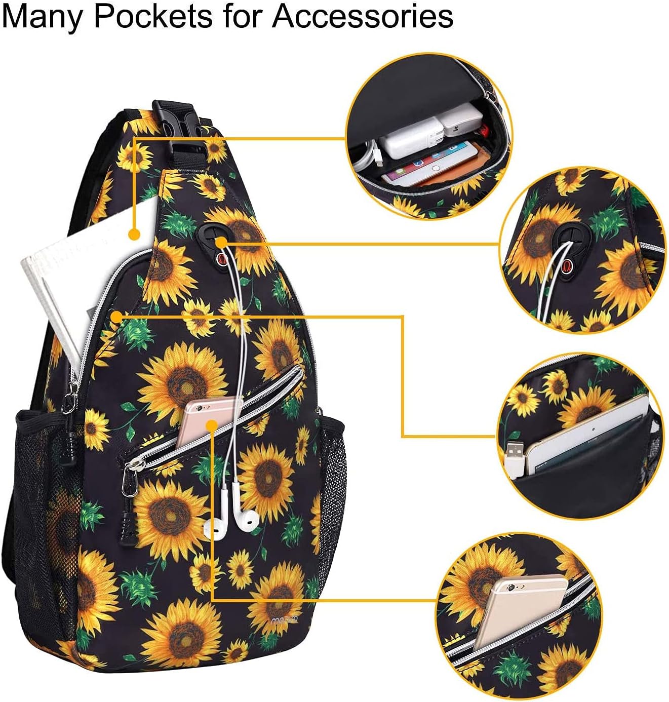 MOSISO Sling Backpack,Travel Hiking Daypack Sunflower Rope Crossbody Shoulder Bag, Black