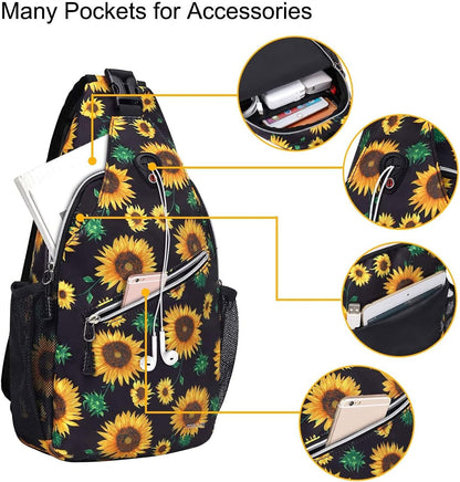 MOSISO Sling Backpack,Travel Hiking Daypack Sunflower Rope Crossbody Shoulder Bag, Black