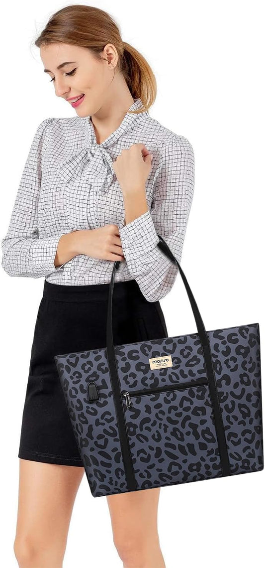 MOSISO USB Charging Port Laptop Bags for Women, Compatible with MacBook, 17-17.3 inch Notebook and Chromebook, Leopard Grain Work Tote Bag Travel Handbag Business Computer Bag with Small Purse, Black iMosiso