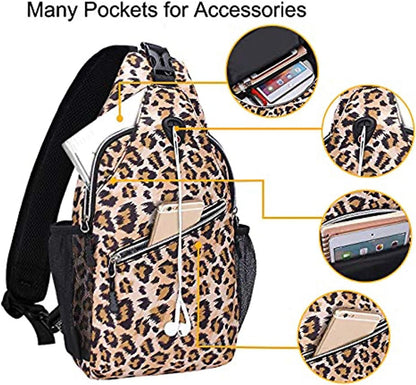 MOSISO Mini Sling Backpack,Small Hiking Daypack Pattern Travel Outdoor Sports Bag, Leopard Print