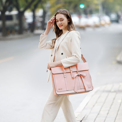 MOSISO Laptop Bag for Women, 13-17 inch PU Leather Laptop Shoulder Bags Convertible Backpack, 13.3 inch Messenger Bags Casual Handbag Work Briefcase Travel Computer Bag with Bowknot iMosiso