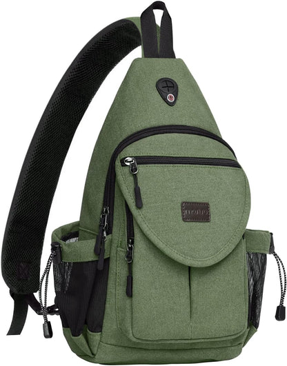 MOSISO Canvas Sling Backpack, Wear Resistant Crossbody Chest Daypack with Anti-Theft Hidden Pocket, Dual Mesh Bottle Holders & Earphone Hole, Fits 11 Inch Tablet for Hiking Travel Commute