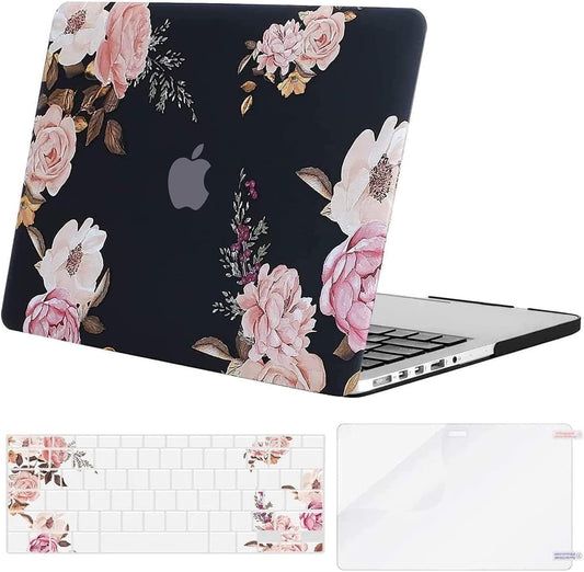 MOSISO Case Only Compatible with MacBook Pro Retina 13 inch (Models: A1502 & A1425) (Older Version Release 2015 - end 2012), Plastic Peony Hard Shell Case&Keyboard Cover&Screen Protector, Black | Protective Crack-Resistant Plastic Peony Hard Shell Case&Ke