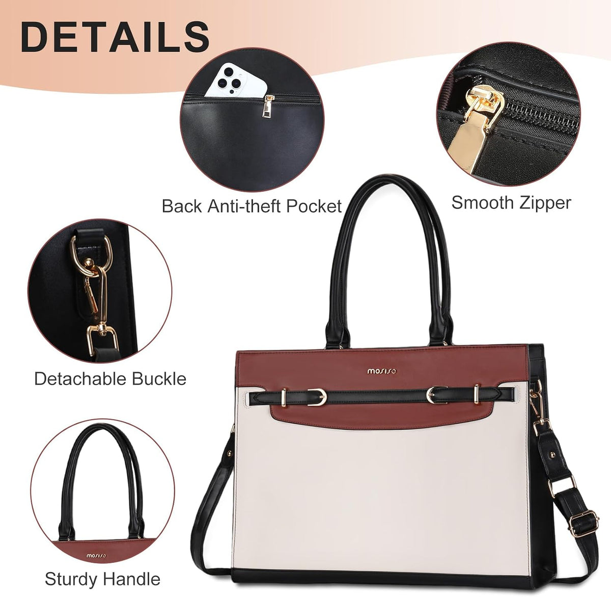 MOSISO Elegant Women PU Leather Laptop Tote Bag, 15 6 Inch Fit, Triple Compartment, Rivet Reinforced Base & Detachable Strap