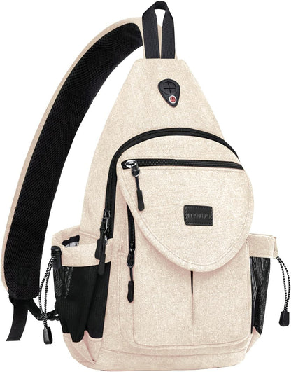 MOSISO Canvas Sling Backpack, Wear Resistant Crossbody Chest Daypack with Anti-Theft Hidden Pocket, Dual Mesh Bottle Holders & Earphone Hole, Fits 11 Inch Tablet for Hiking Travel Commute