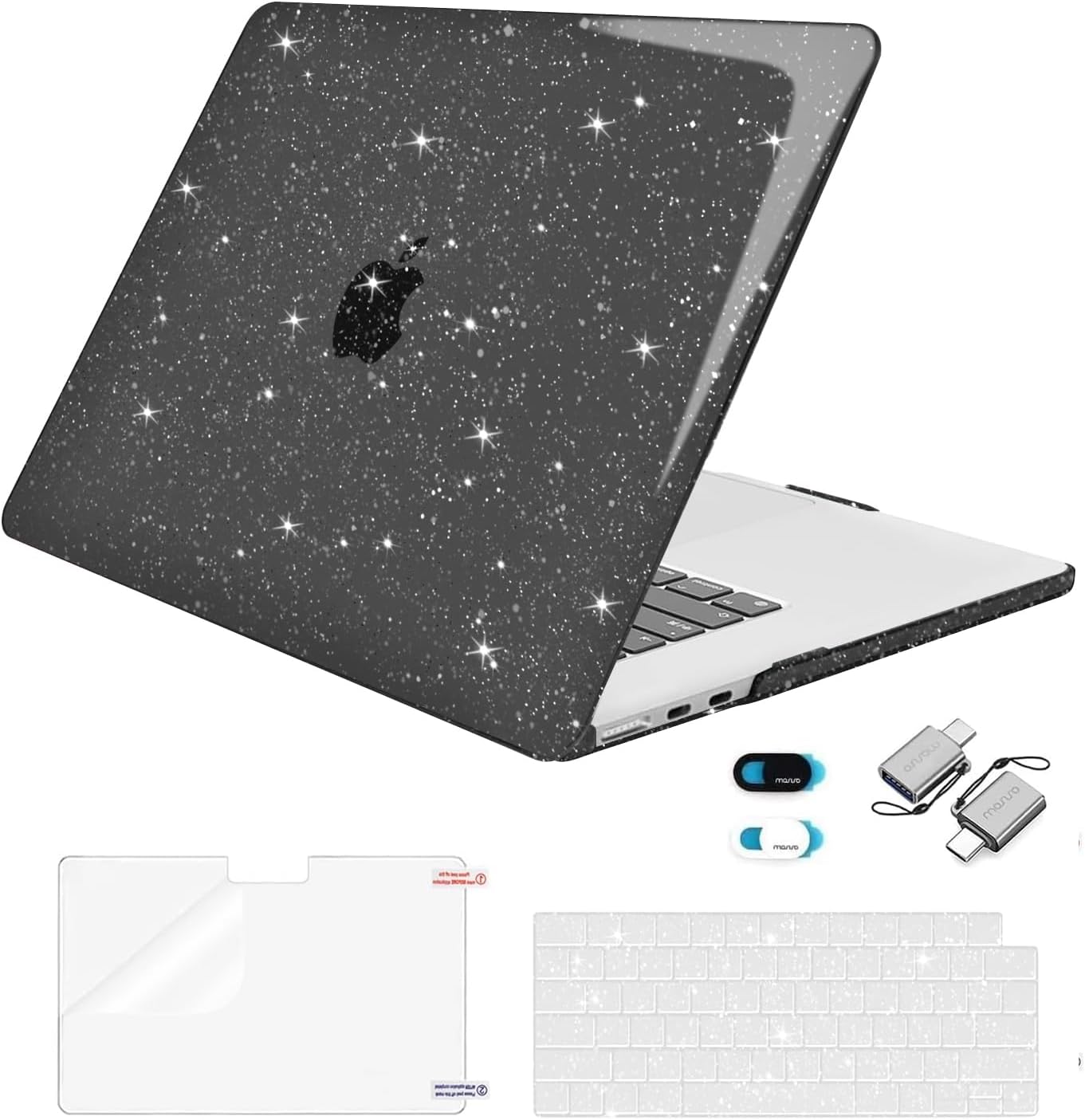 MOSISO Compatible with MacBook Air 15 inch Case M5 2026 M4 2025 M3 2024 M2 2023 A3448 A3241 A3114 A2941, Sparkly Glitter Plastic Hard Shell&Keyboard Cover&Screen Film&Webcam Cover&Type C